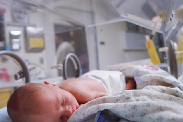 Sleeping newborn baby in incubator